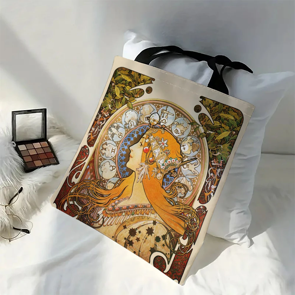 Mucha Series Digital Printed Linen Bag Open Tote Bag Handbag Retro Shopping Bag