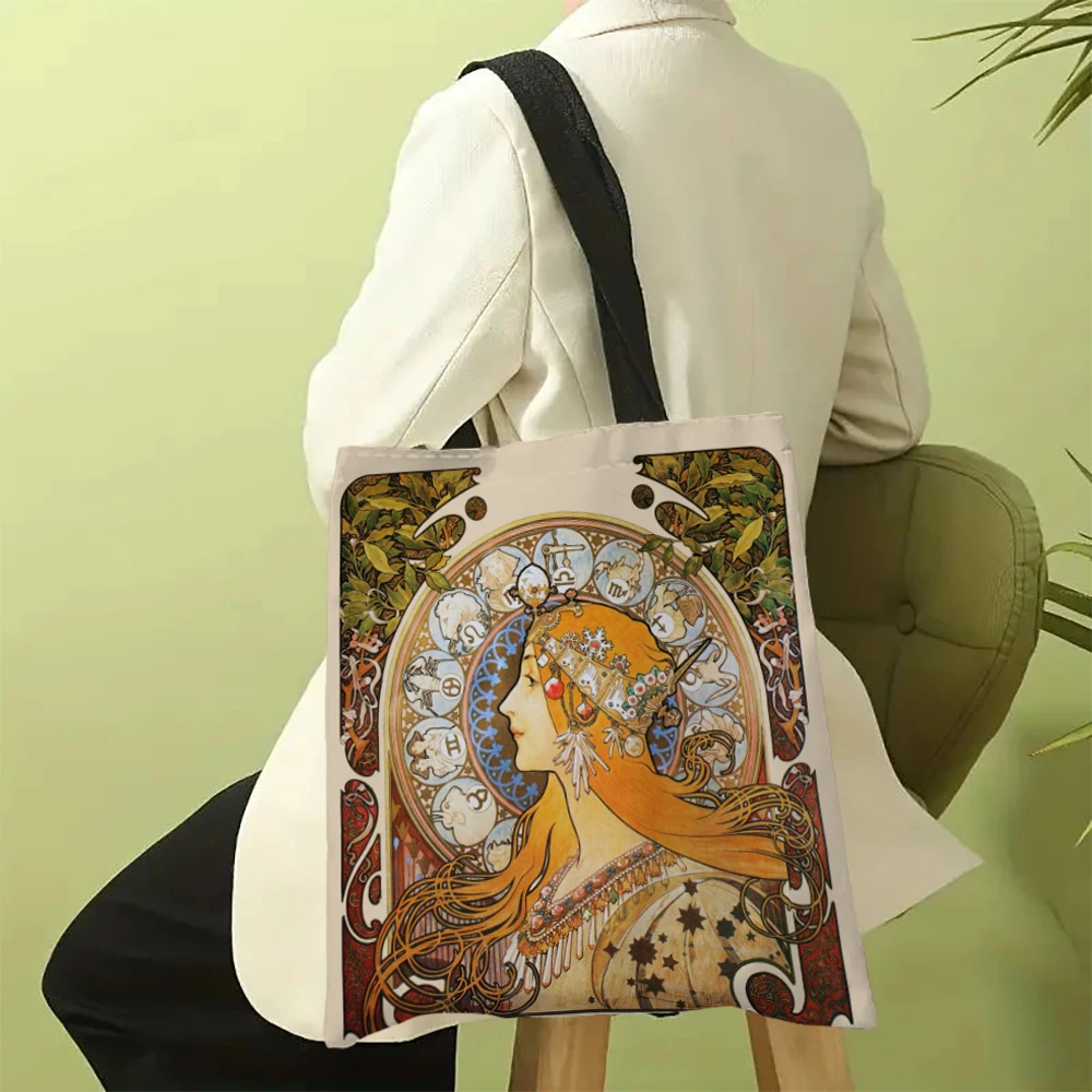 Mucha Series Digital Printed Linen Bag Open Tote Bag Handbag Retro Shopping Bag