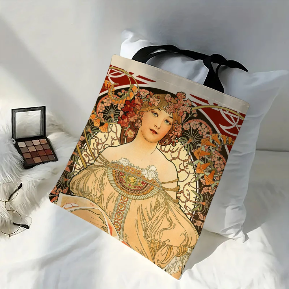 Mucha Series Digital Printed Linen Bag Open Tote Bag Handbag Retro Shopping Bag