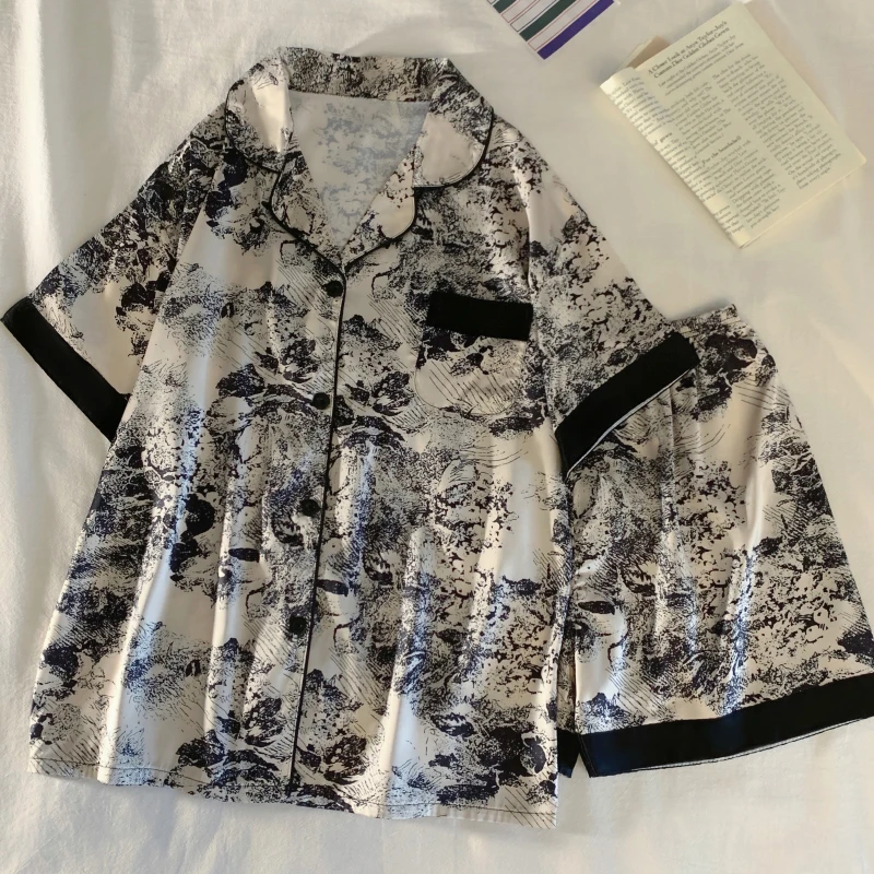Chinese Elegant Ink and Wash Painting Women's Pajamas Ancient Style Classical Flavor Sleepwear 2024 New Summer Fashion Nightgown