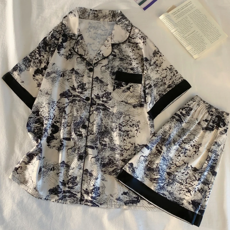 Chinese Elegant Ink and Wash Painting Women's Pajamas Ancient Style Classical Flavor Sleepwear 2024 New Summer Fashion Nightgown