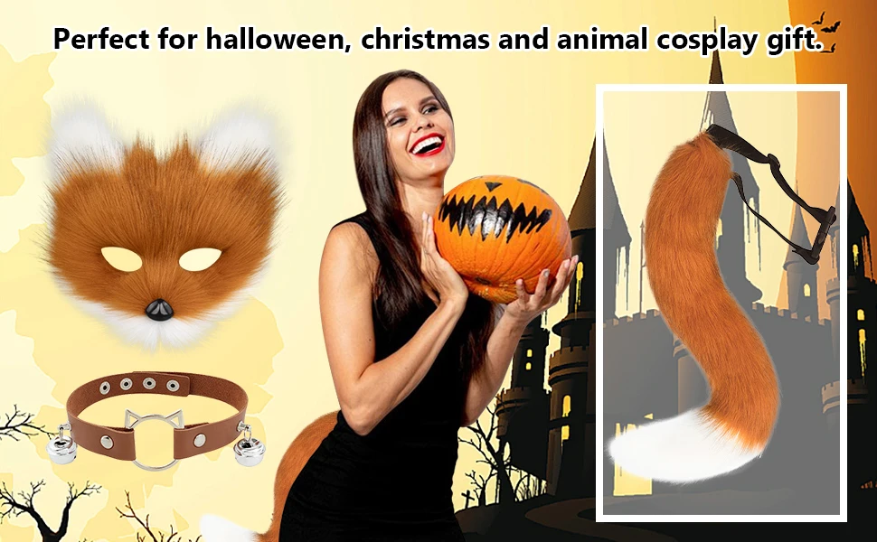 Faux Fur Fox Mask Wolf Cat Fluffy Tail and Leather Necklace Set Halloween Party Cosplay Costume Accessory