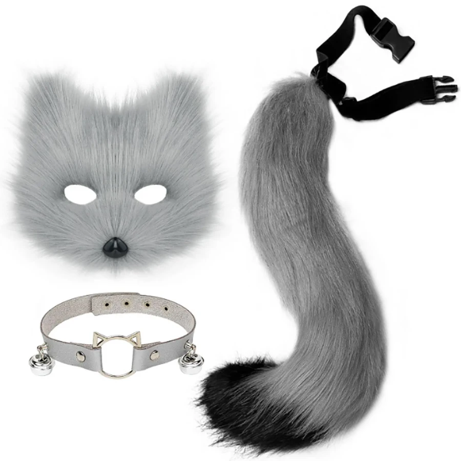 Faux Fur Fox Mask Wolf Cat Fluffy Tail and Leather Necklace Set Halloween Party Cosplay Costume Accessory