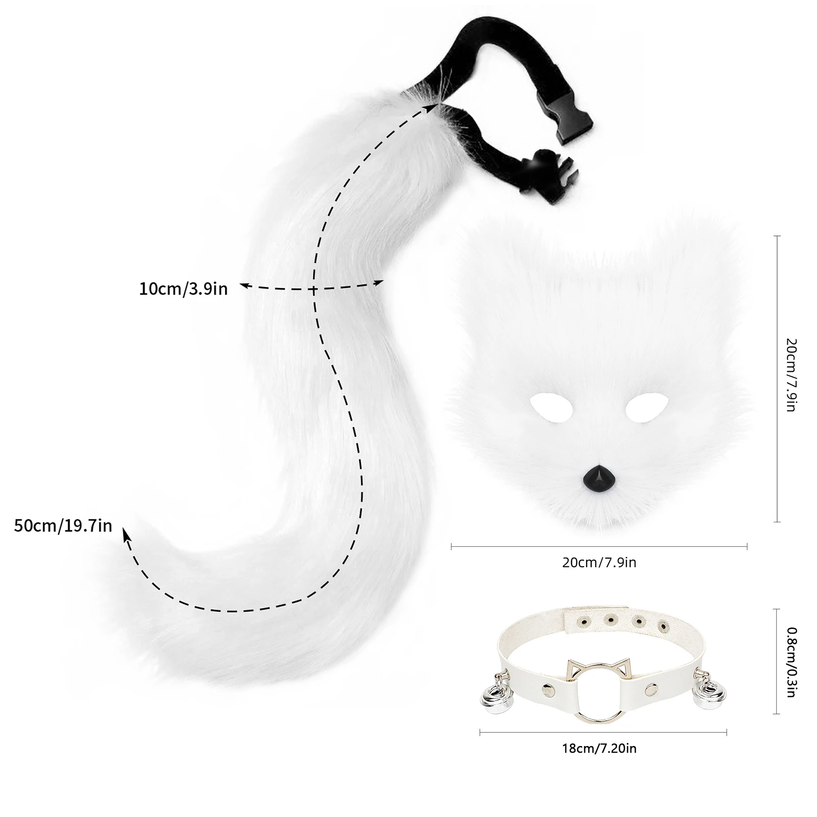 Faux Fur Fox Mask Wolf Cat Fluffy Tail and Leather Necklace Set Halloween Party Cosplay Costume Accessory