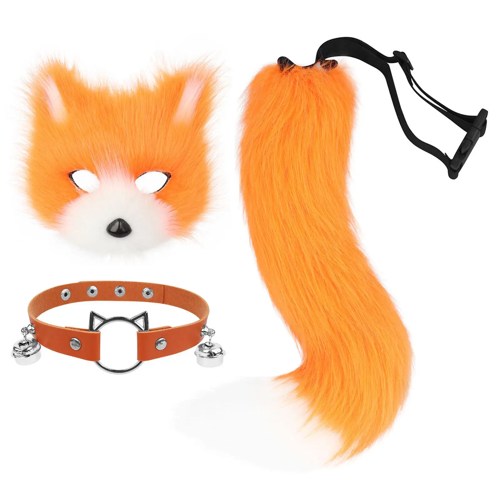 Faux Fur Fox Mask Wolf Cat Fluffy Tail and Leather Necklace Set Halloween Party Cosplay Costume Accessory