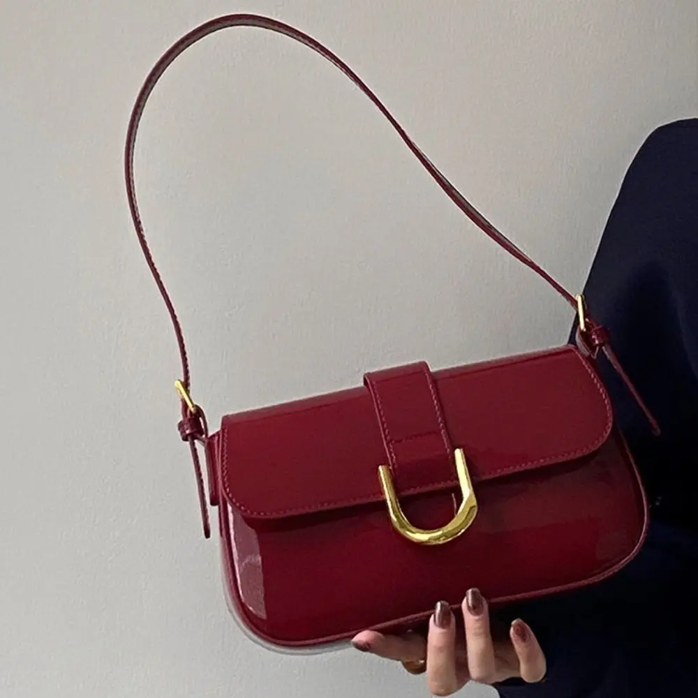 Classic PU Leather Horseshoe Buckle Casual Crossbody Bag Soild Color Small Shoulder Bag with Zipper Closure Women Clutch Purse