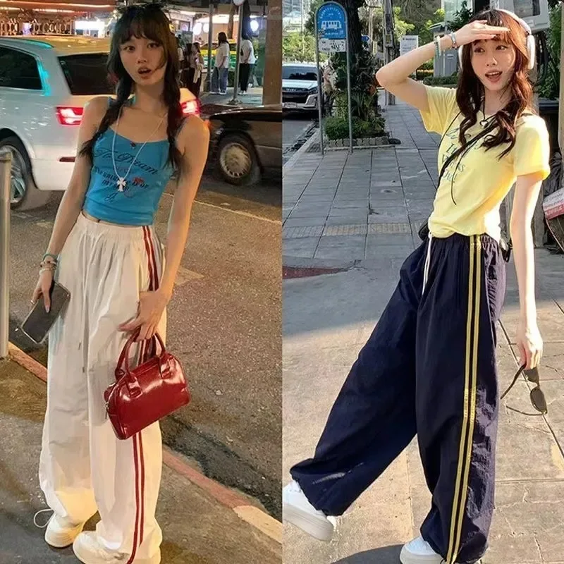 Multi-pocket Striped Full Track Pants For Women Sporty Chic Loose Trendy Retro Straight Casual High Waist Wide Leg Cargo Pants