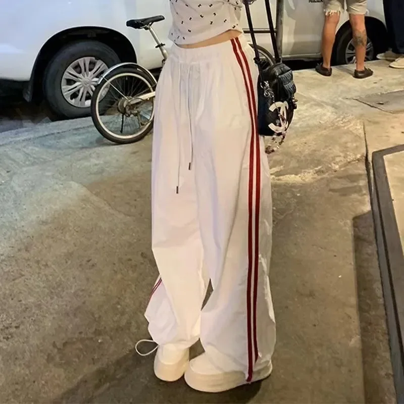 Multi-pocket Striped Full Track Pants For Women Sporty Chic Loose Trendy Retro Straight Casual High Waist Wide Leg Cargo Pants