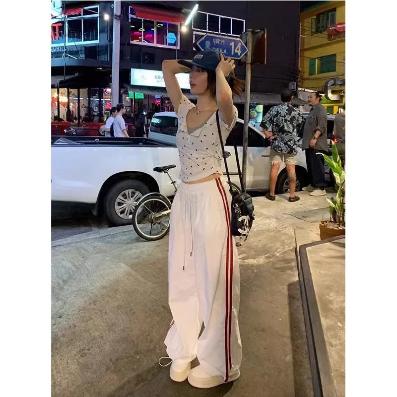 Multi-pocket Striped Full Track Pants For Women Sporty Chic Loose Trendy Retro Straight Casual High Waist Wide Leg Cargo Pants