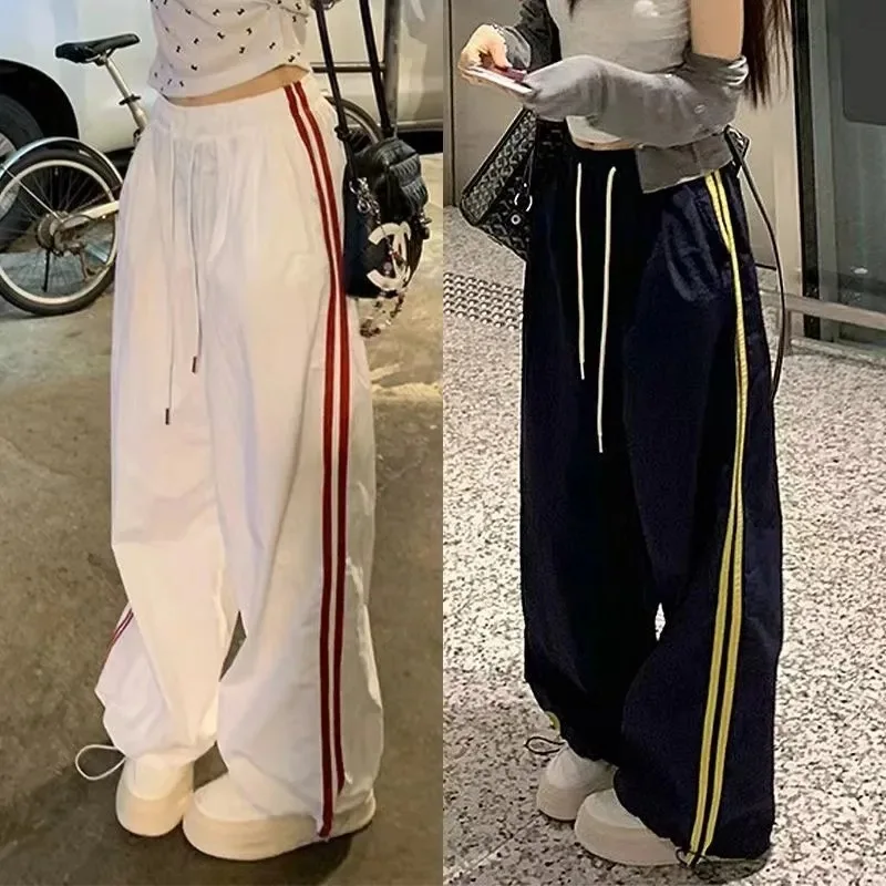 Multi-pocket Striped Full Track Pants For Women Sporty Chic Loose Trendy Retro Straight Casual High Waist Wide Leg Cargo Pants
