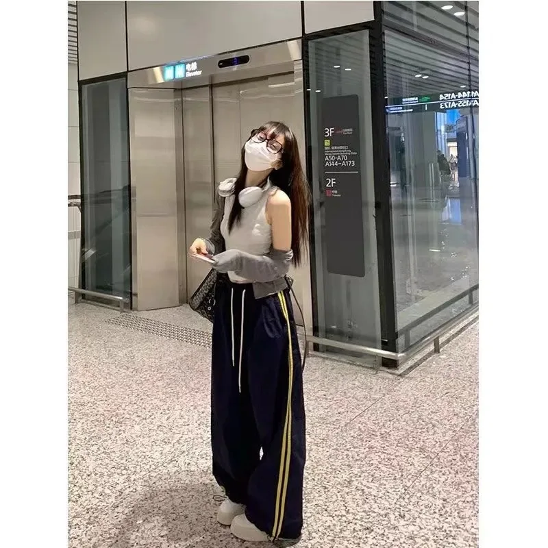 Multi-pocket Striped Full Track Pants For Women Sporty Chic Loose Trendy Retro Straight Casual High Waist Wide Leg Cargo Pants