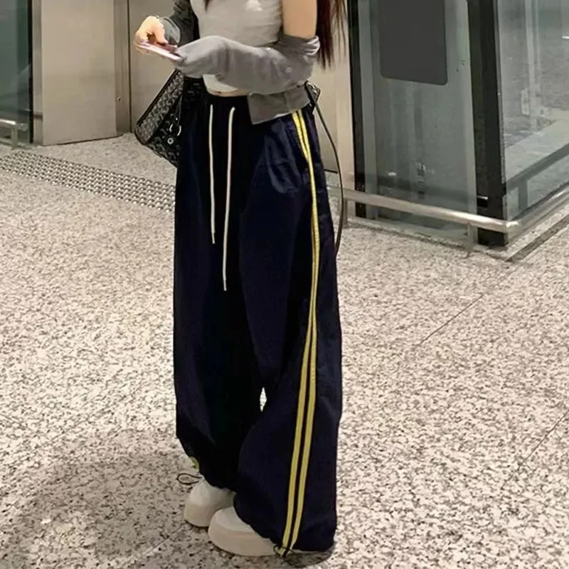 Multi-pocket Striped Full Track Pants For Women Sporty Chic Loose Trendy Retro Straight Casual High Waist Wide Leg Cargo Pants