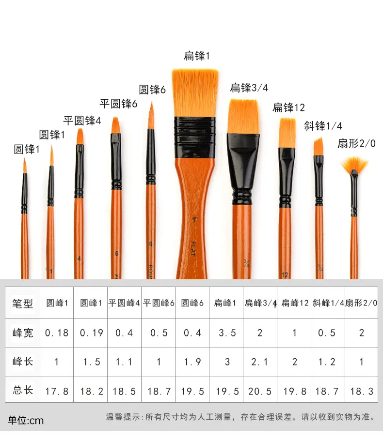 10Pcs/Set Nylon Hair Wooden Handle Watercolor Paint Brush Pen Set Learning DIY Oil Acrylic Painting Art Paint Brushes Supplies