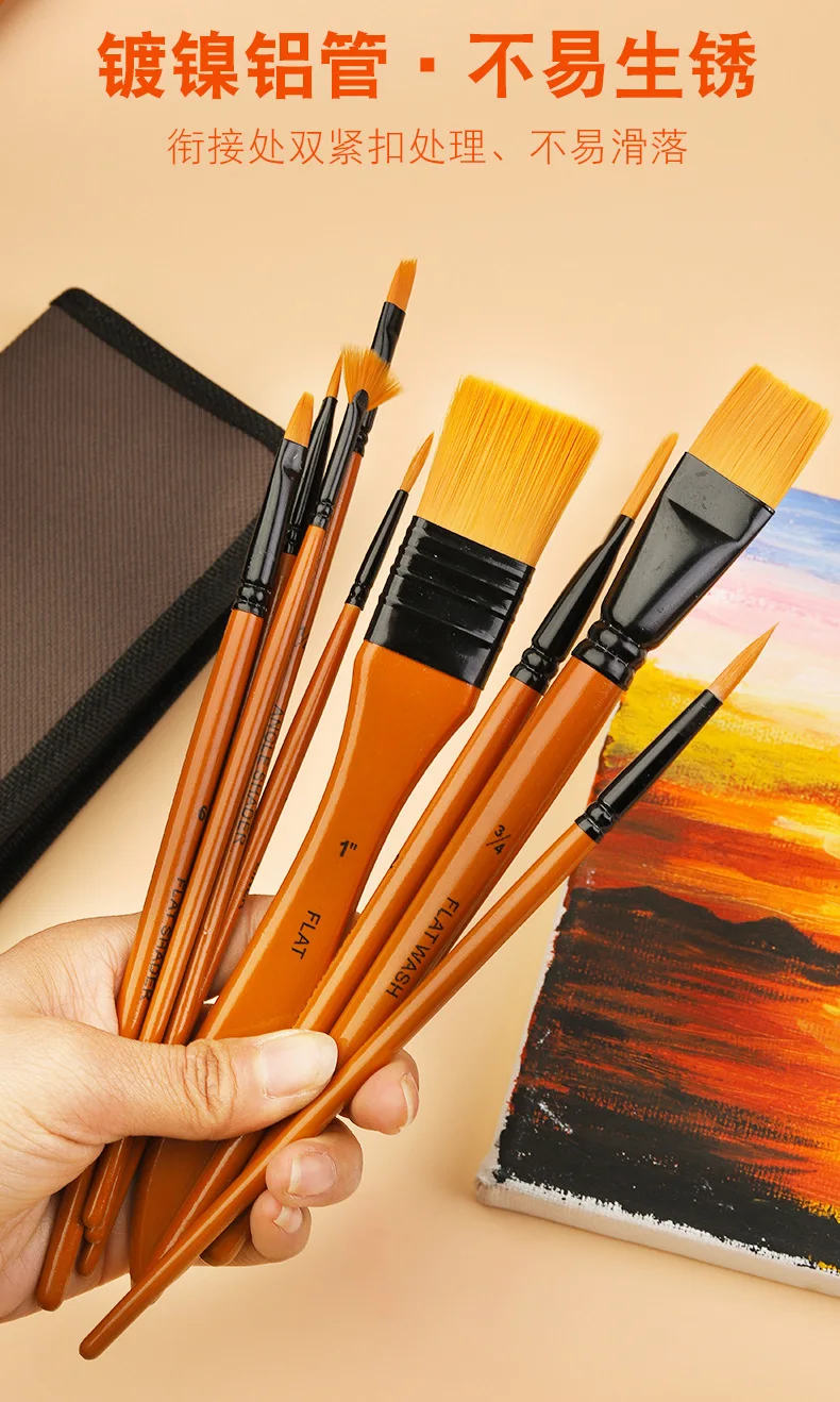 10Pcs/Set Nylon Hair Wooden Handle Watercolor Paint Brush Pen Set Learning DIY Oil Acrylic Painting Art Paint Brushes Supplies