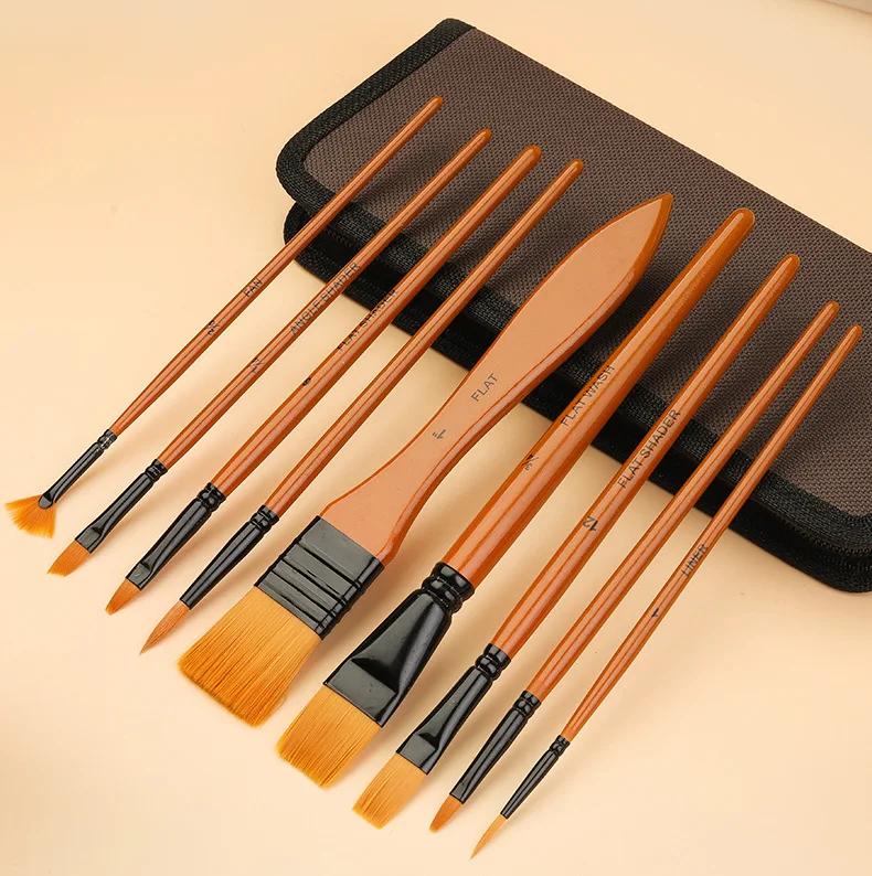 10Pcs/Set Nylon Hair Wooden Handle Watercolor Paint Brush Pen Set Learning DIY Oil Acrylic Painting Art Paint Brushes Supplies