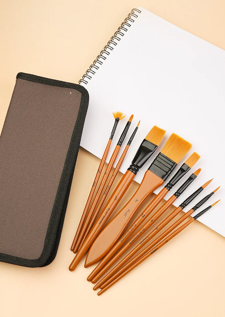 10Pcs/Set Nylon Hair Wooden Handle Watercolor Paint Brush Pen Set Learning DIY Oil Acrylic Painting Art Paint Brushes Supplies