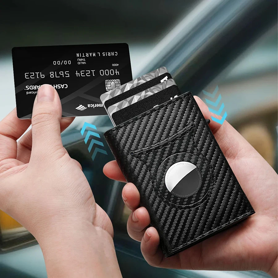Men's Carbon Fiber Magnetic Card Clip Leather RFID Triple Fold Card with Zipper Wallet Pop Up Smart AirTag Wallet