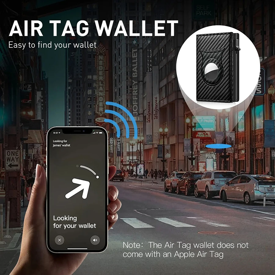 Men's Carbon Fiber Magnetic Card Clip Leather RFID Triple Fold Card with Zipper Wallet Pop Up Smart AirTag Wallet