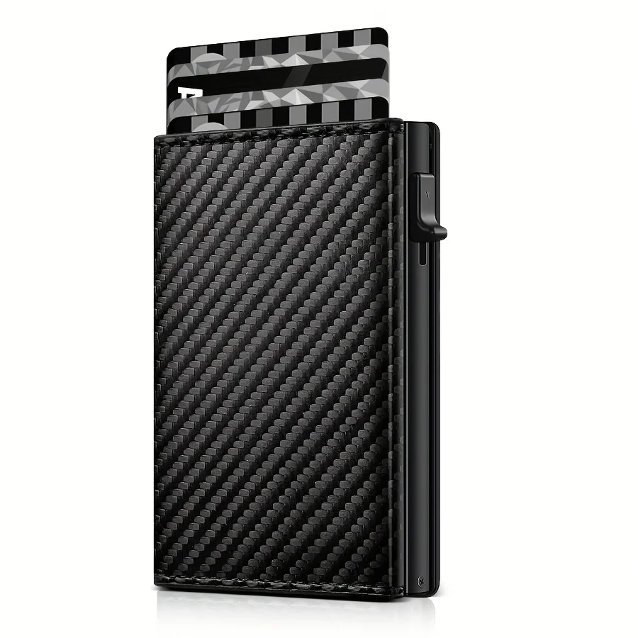 Men's Carbon Fiber Magnetic Card Clip Leather RFID Triple Fold Card with Zipper Wallet Pop Up Smart AirTag Wallet