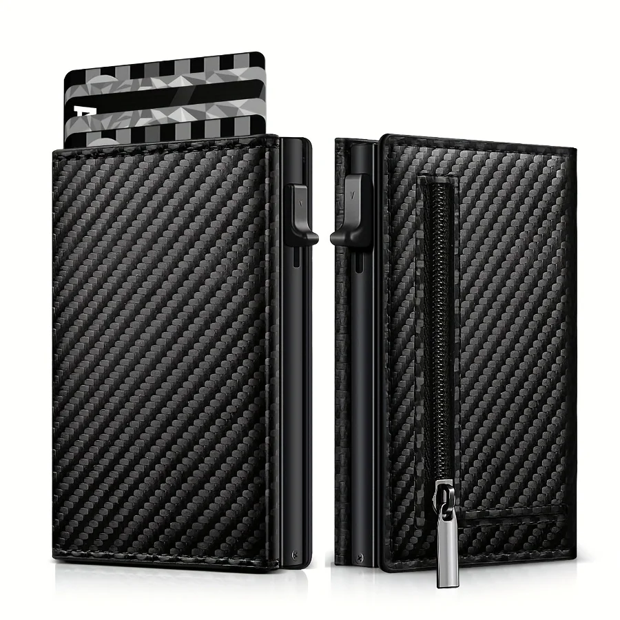 Men's Carbon Fiber Magnetic Card Clip Leather RFID Triple Fold Card with Zipper Wallet Pop Up Smart AirTag Wallet