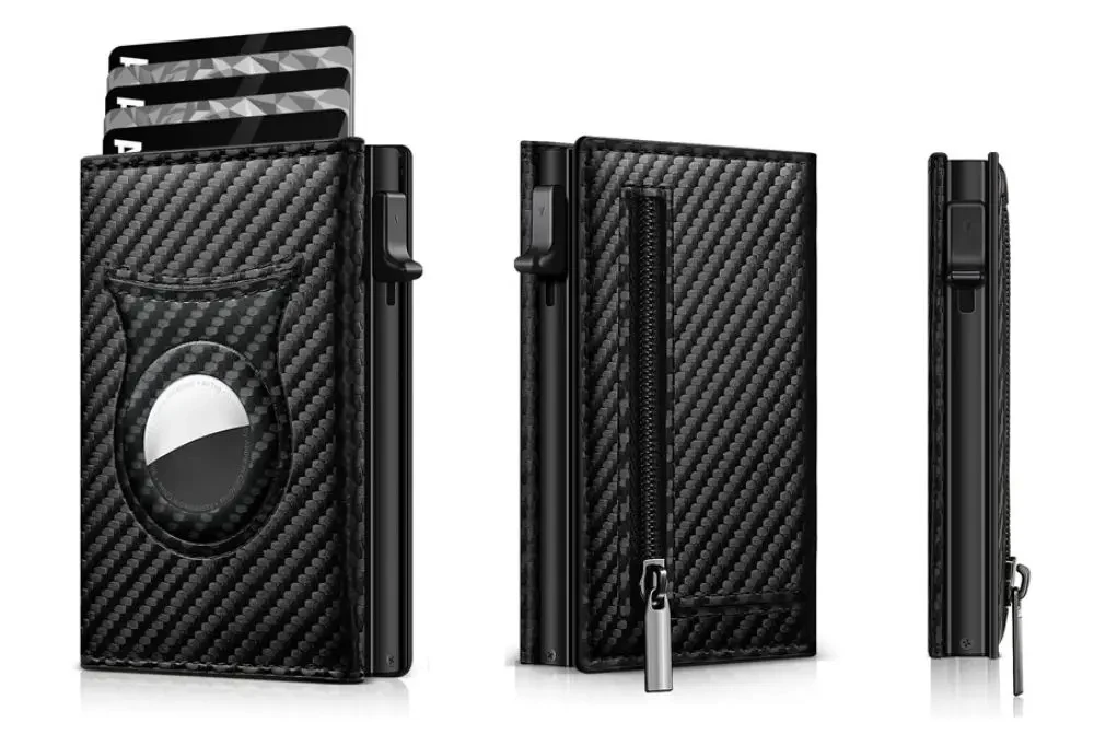 Men's Carbon Fiber Magnetic Card Clip Leather RFID Triple Fold Card with Zipper Wallet Pop Up Smart AirTag Wallet