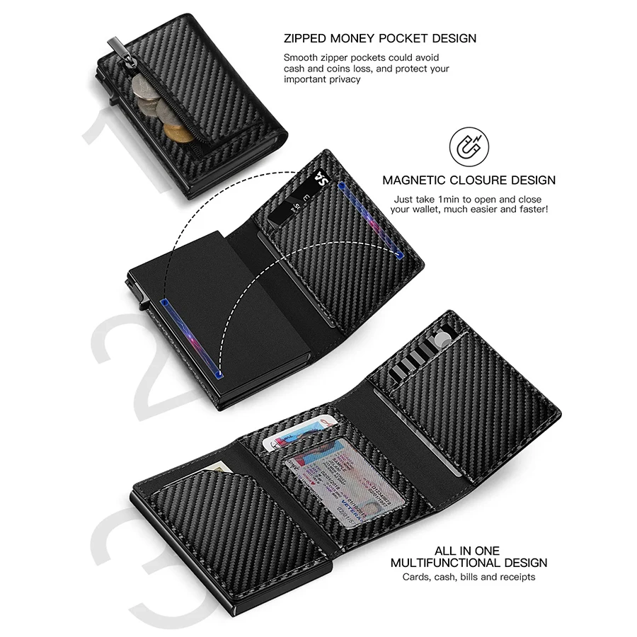 Men's Carbon Fiber Magnetic Card Clip Leather RFID Triple Fold Card with Zipper Wallet Pop Up Smart AirTag Wallet