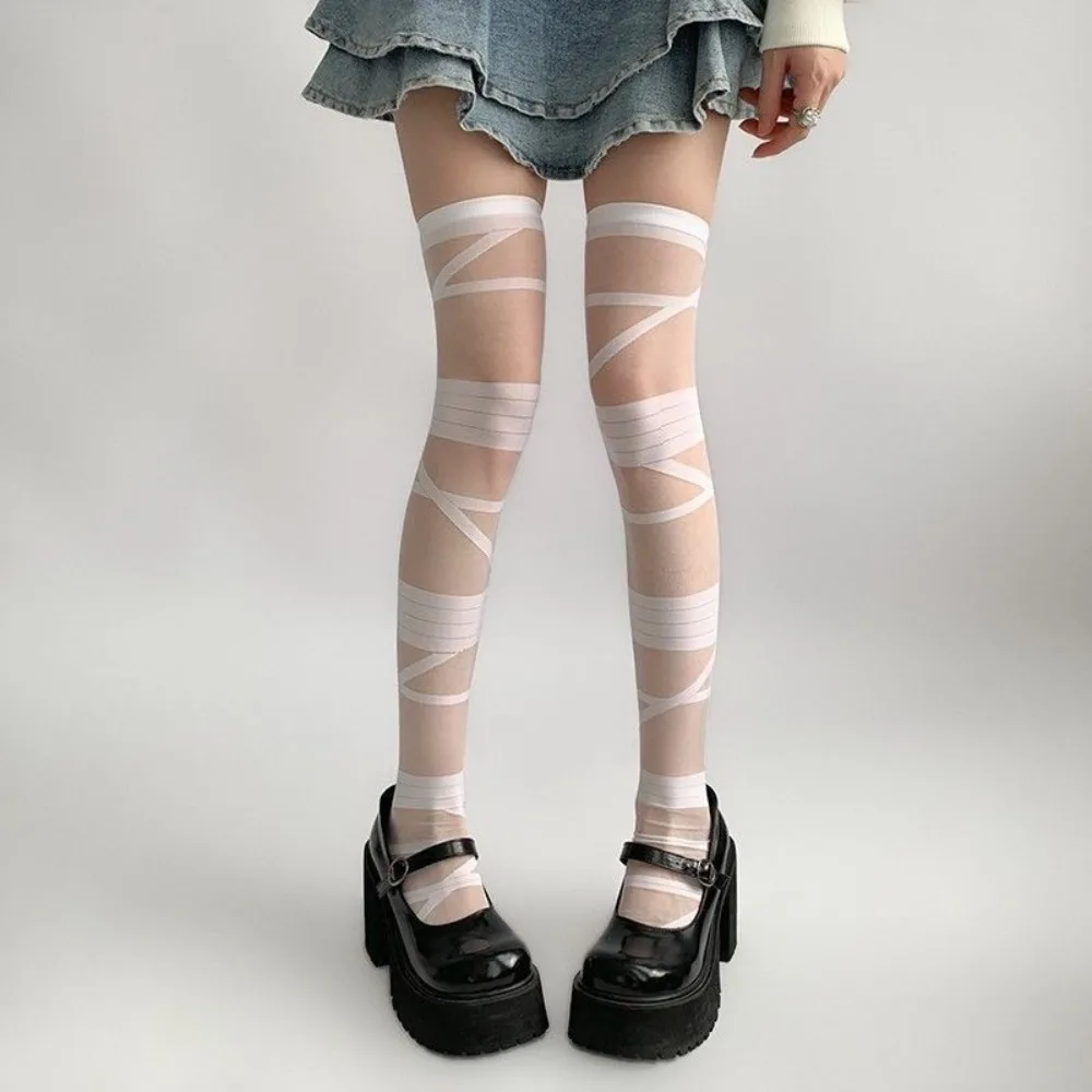 Fashion Nylon Transparent Stripe Stockings Elastic Lolita JK Style High Tube Long Socks Ultra-thin Pile Up Hosiery Summer