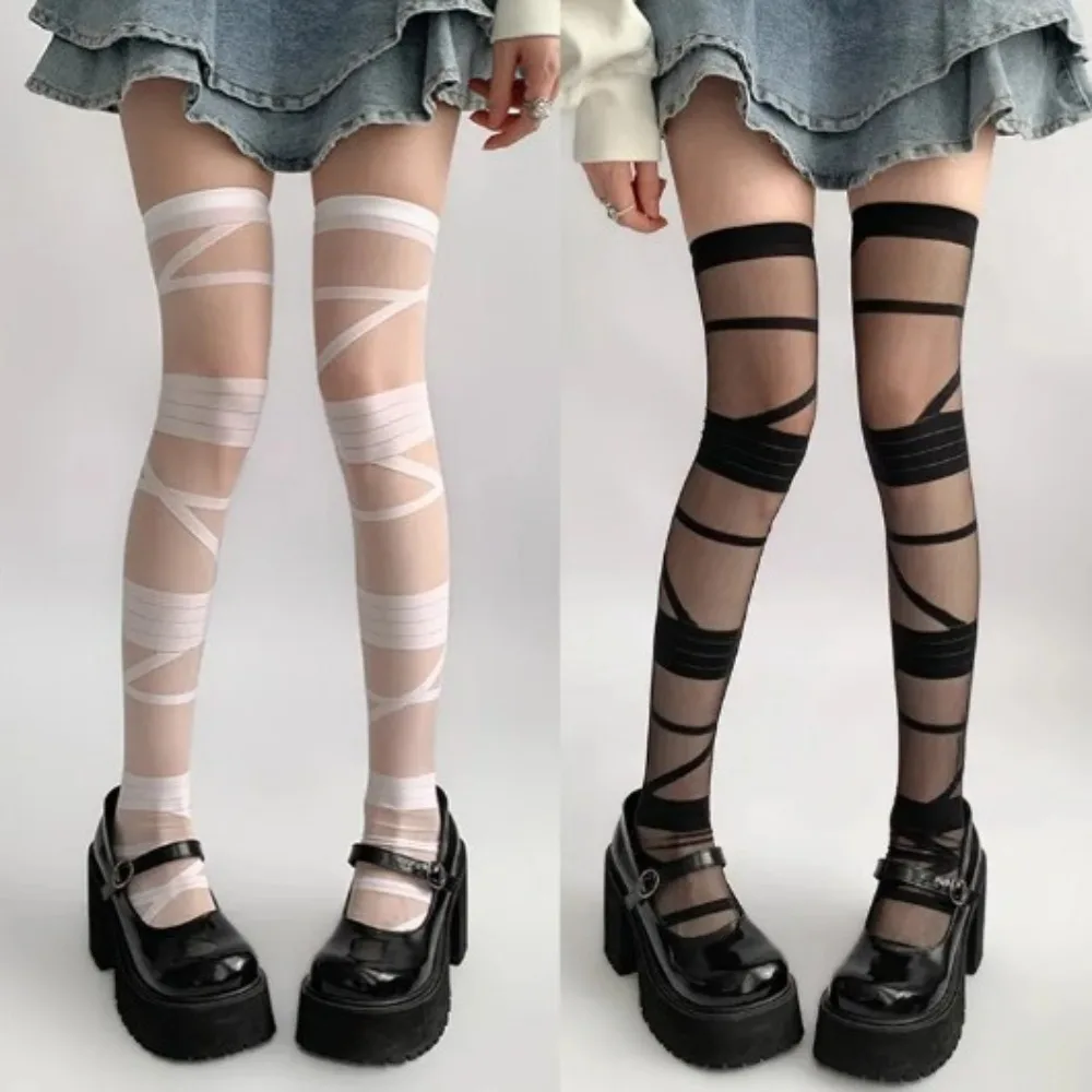 Fashion Nylon Transparent Stripe Stockings Elastic Lolita JK Style High Tube Long Socks Ultra-thin Pile Up Hosiery Summer