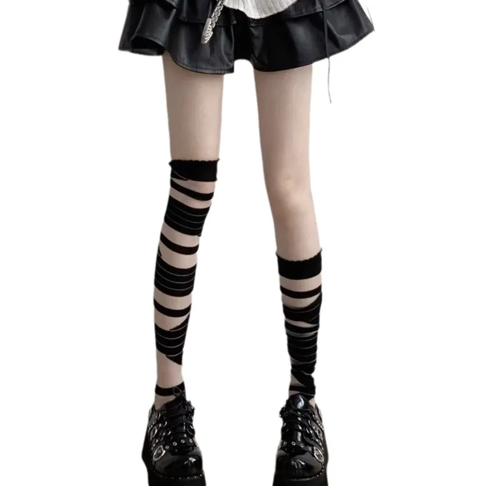 Fashion Nylon Transparent Stripe Stockings Elastic Lolita JK Style High Tube Long Socks Ultra-thin Pile Up Hosiery Summer
