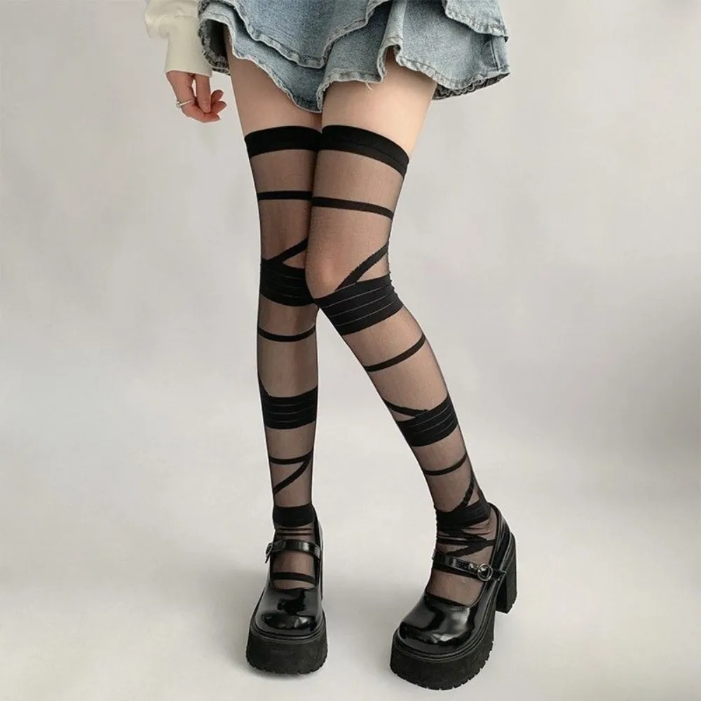 Fashion Nylon Transparent Stripe Stockings Elastic Lolita JK Style High Tube Long Socks Ultra-thin Pile Up Hosiery Summer