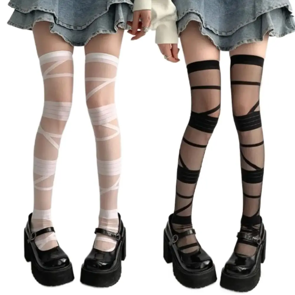 Fashion Nylon Transparent Stripe Stockings Elastic Lolita JK Style High Tube Long Socks Ultra-thin Pile Up Hosiery Summer