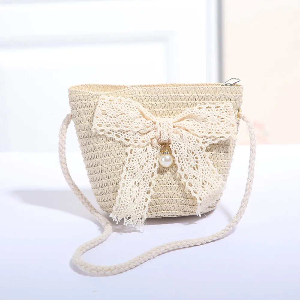Sweet Kid's Straw Woven Bag Bow Shoulder Bag Outdoor Travel Messenger Bag Beach Bag Mini Children's Coin Purse Handbag