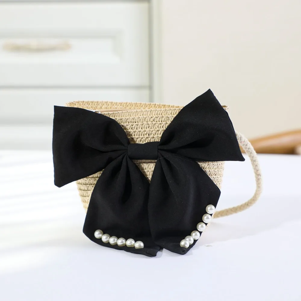Sweet Kid's Straw Woven Bag Bow Shoulder Bag Outdoor Travel Messenger Bag Beach Bag Mini Children's Coin Purse Handbag