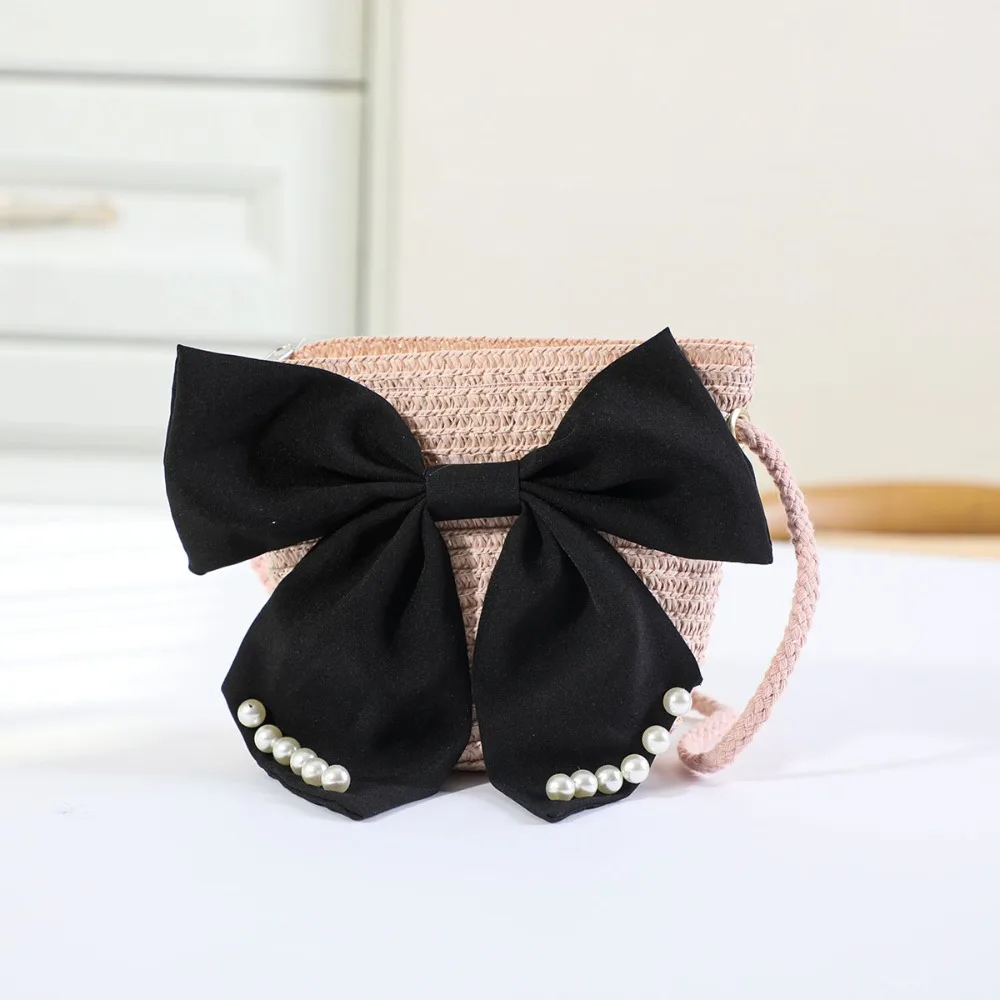 Sweet Kid's Straw Woven Bag Bow Shoulder Bag Outdoor Travel Messenger Bag Beach Bag Mini Children's Coin Purse Handbag