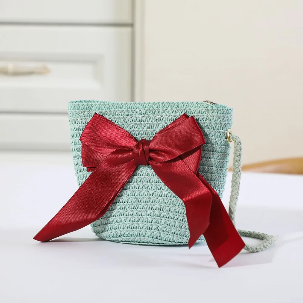 Sweet Kid's Straw Woven Bag Bow Shoulder Bag Outdoor Travel Messenger Bag Beach Bag Mini Children's Coin Purse Handbag