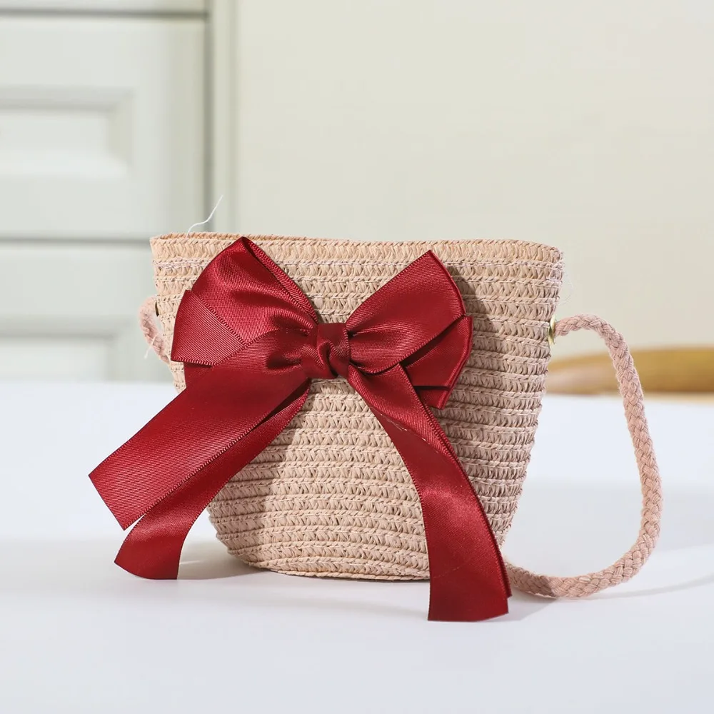 Sweet Kid's Straw Woven Bag Bow Shoulder Bag Outdoor Travel Messenger Bag Beach Bag Mini Children's Coin Purse Handbag