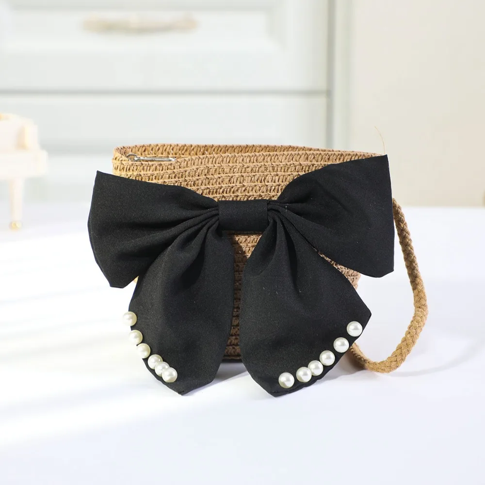 Sweet Kid's Straw Woven Bag Bow Shoulder Bag Outdoor Travel Messenger Bag Beach Bag Mini Children's Coin Purse Handbag