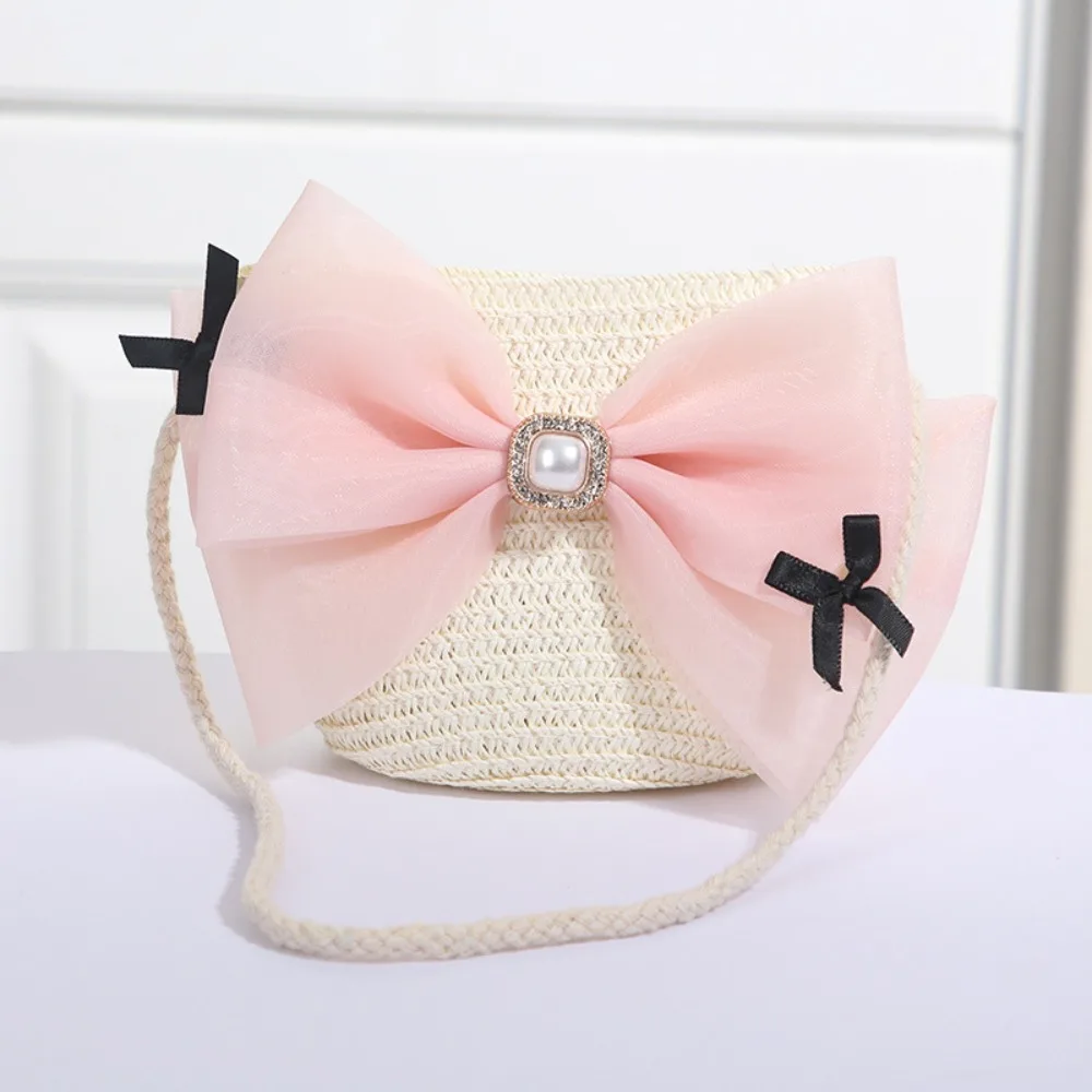 Sweet Kid's Straw Woven Bag Bow Shoulder Bag Outdoor Travel Messenger Bag Beach Bag Mini Children's Coin Purse Handbag