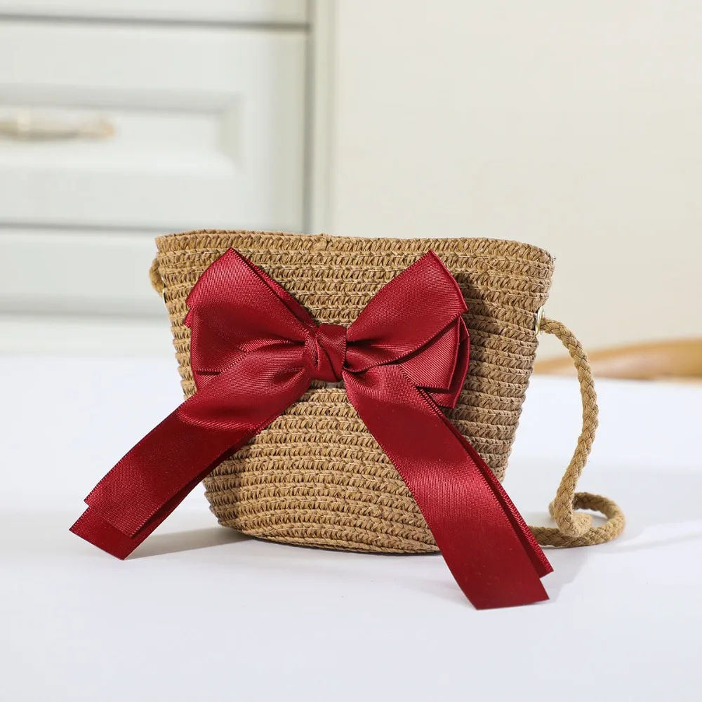 Sweet Kid's Straw Woven Bag Bow Shoulder Bag Outdoor Travel Messenger Bag Beach Bag Mini Children's Coin Purse Handbag