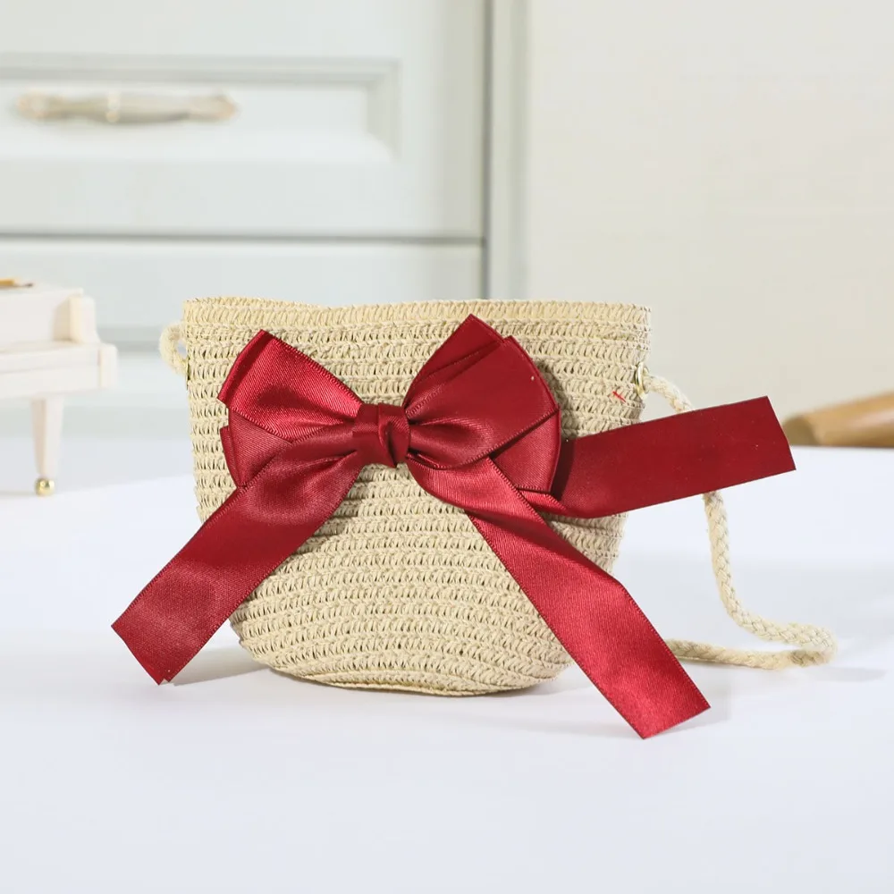 Sweet Kid's Straw Woven Bag Bow Shoulder Bag Outdoor Travel Messenger Bag Beach Bag Mini Children's Coin Purse Handbag