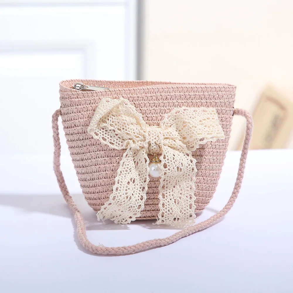 Sweet Kid's Straw Woven Bag Bow Shoulder Bag Outdoor Travel Messenger Bag Beach Bag Mini Children's Coin Purse Handbag