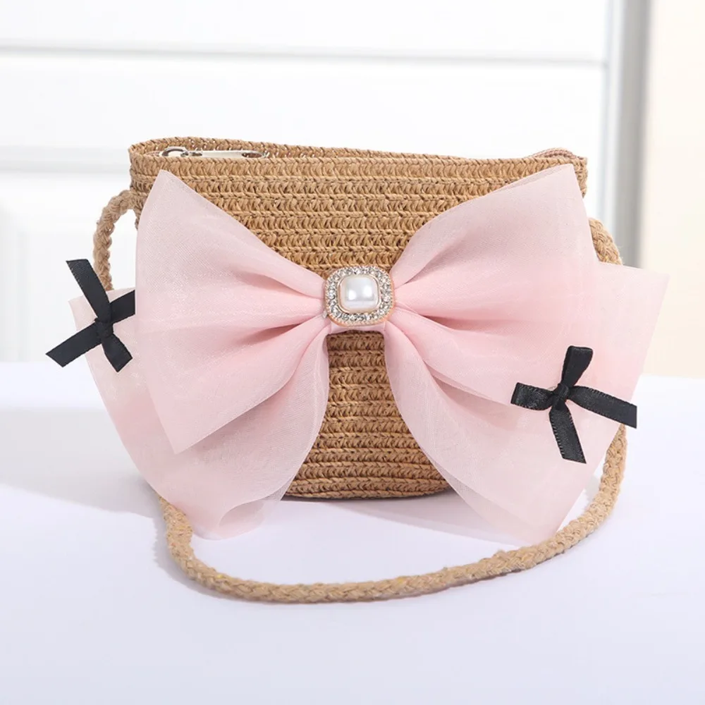 Sweet Kid's Straw Woven Bag Bow Shoulder Bag Outdoor Travel Messenger Bag Beach Bag Mini Children's Coin Purse Handbag