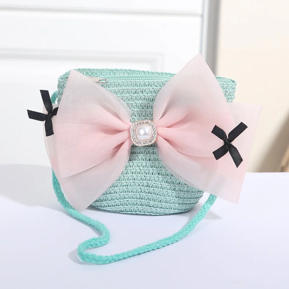 Sweet Kid's Straw Woven Bag Bow Shoulder Bag Outdoor Travel Messenger Bag Beach Bag Mini Children's Coin Purse Handbag