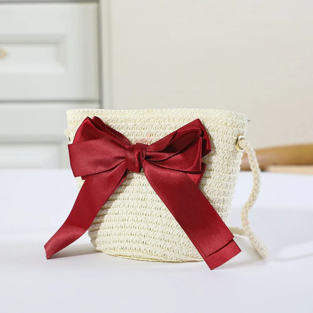 Sweet Kid's Straw Woven Bag Bow Shoulder Bag Outdoor Travel Messenger Bag Beach Bag Mini Children's Coin Purse Handbag