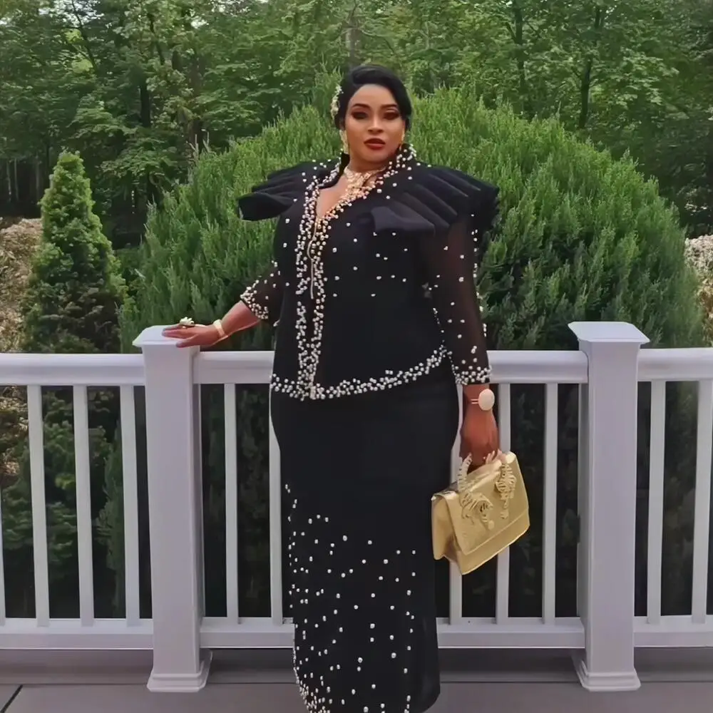Modern Design African Suits for Women Mesh Fabric Dresses Medium Length Suit Luxury Elegant Women's Overalls