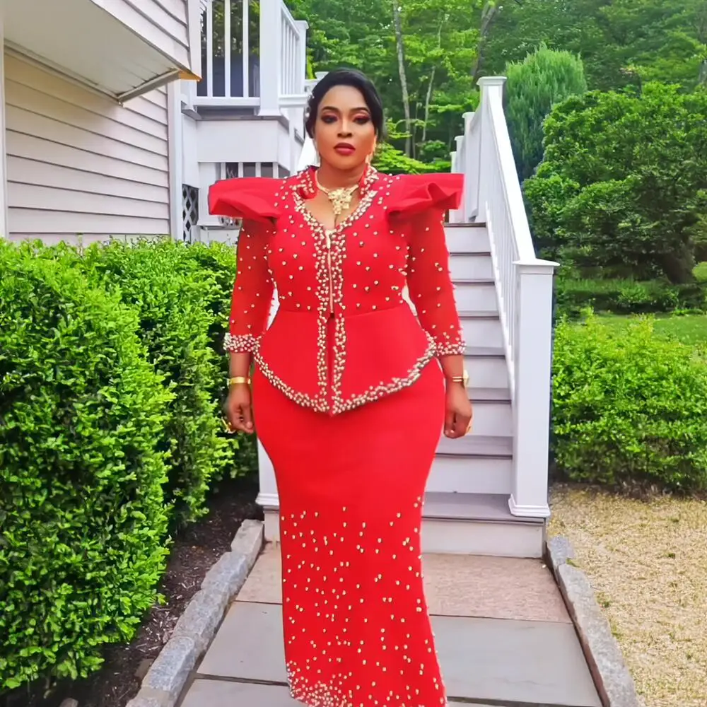 Modern Design African Suits for Women Mesh Fabric Dresses Medium Length Suit Luxury Elegant Women's Overalls