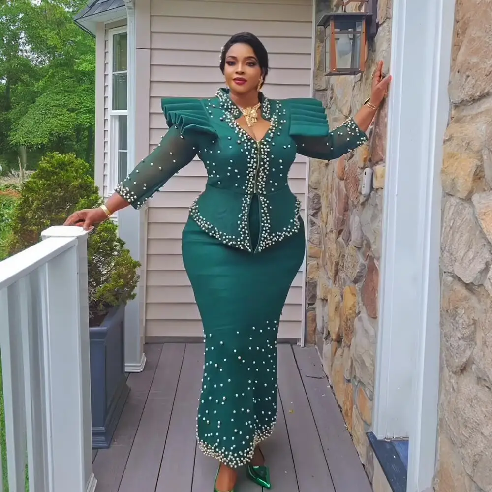 Modern Design African Suits for Women Mesh Fabric Dresses Medium Length Suit Luxury Elegant Women's Overalls