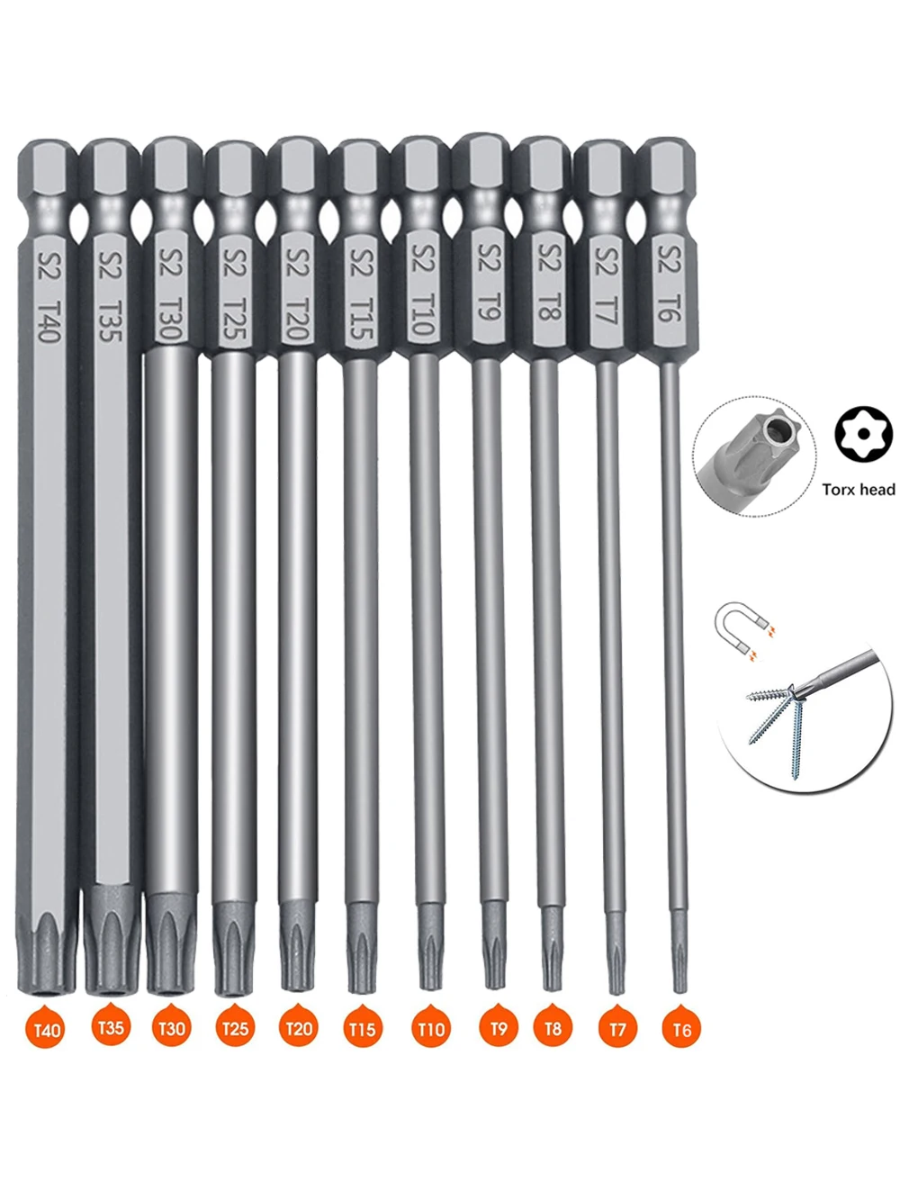 11 PCS Torx Security Bit Set S2 Steel Magnetic Security Screwdriver Set 50/100mm Star Screwdriver Set for Shark Vacuum T6-T40