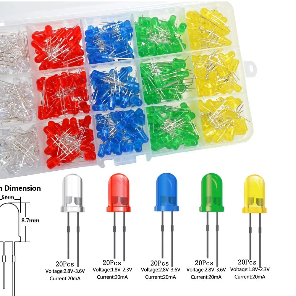100PCS/lot 3mm 5mm F3 F5 Round LED Ultra Bright White Green Yellow Blue White Red Light Emitting Diode For Diy Kit