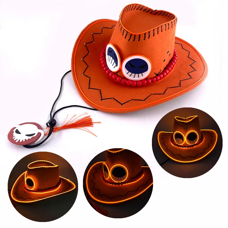 Retro Luminous Pirate Cowboy Hat, Glow In The Dark Headwear for Men Women Halloween Cosplay Props